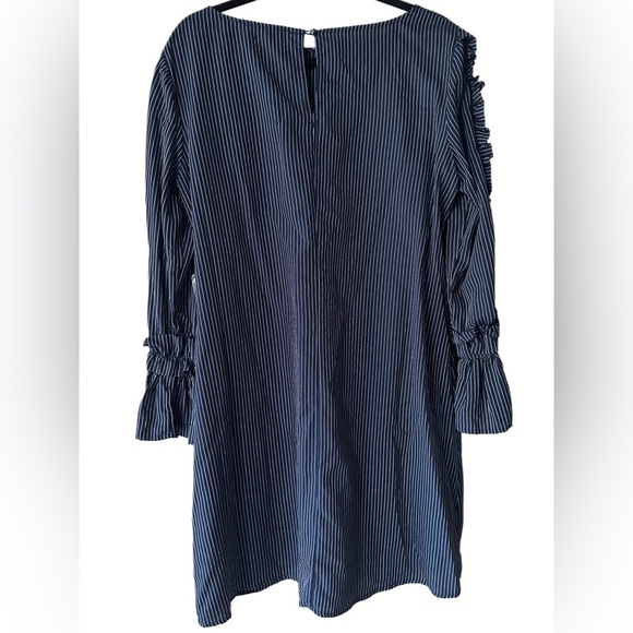 Luxology Navy and White Striped Ruffled Long Sleeve Knee Length Dress - Picture 7 of 7